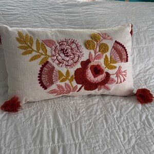 OPALHOUSE Crewel Embroidered Floral Lumbar Throw  Pillow Jungalow 20 X 12"